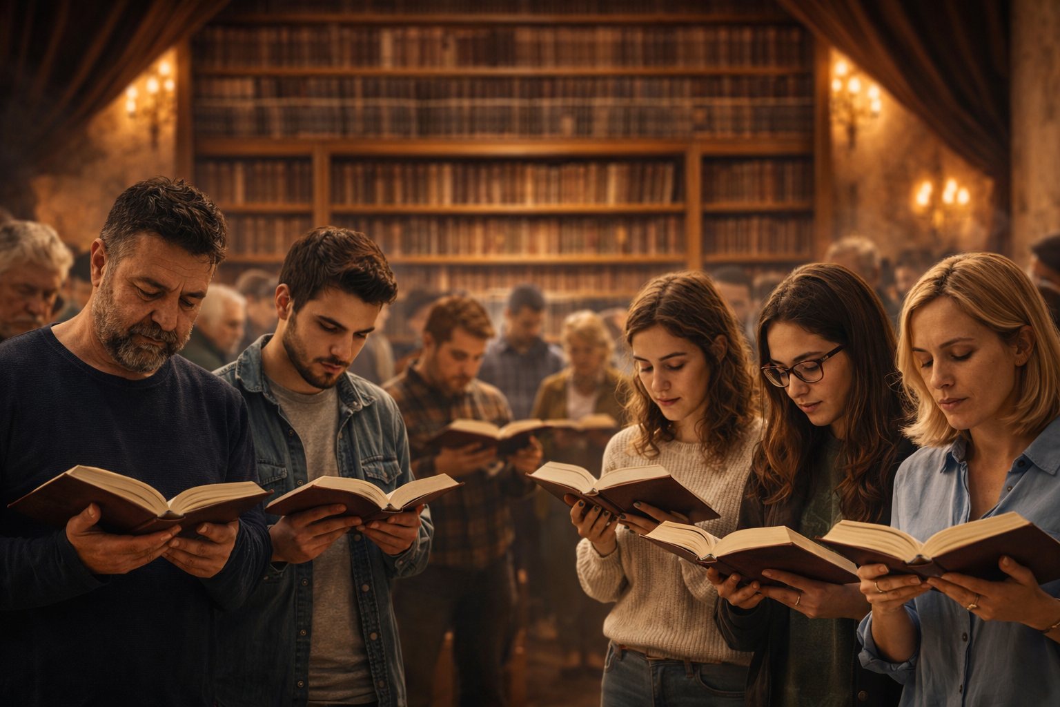 Gens lisant un livre de priere